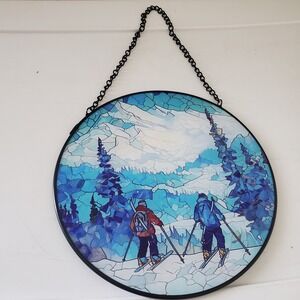 Vintage Style Round Skiing Suncatcher Stained Glass Look Mountain Decor 10 inch